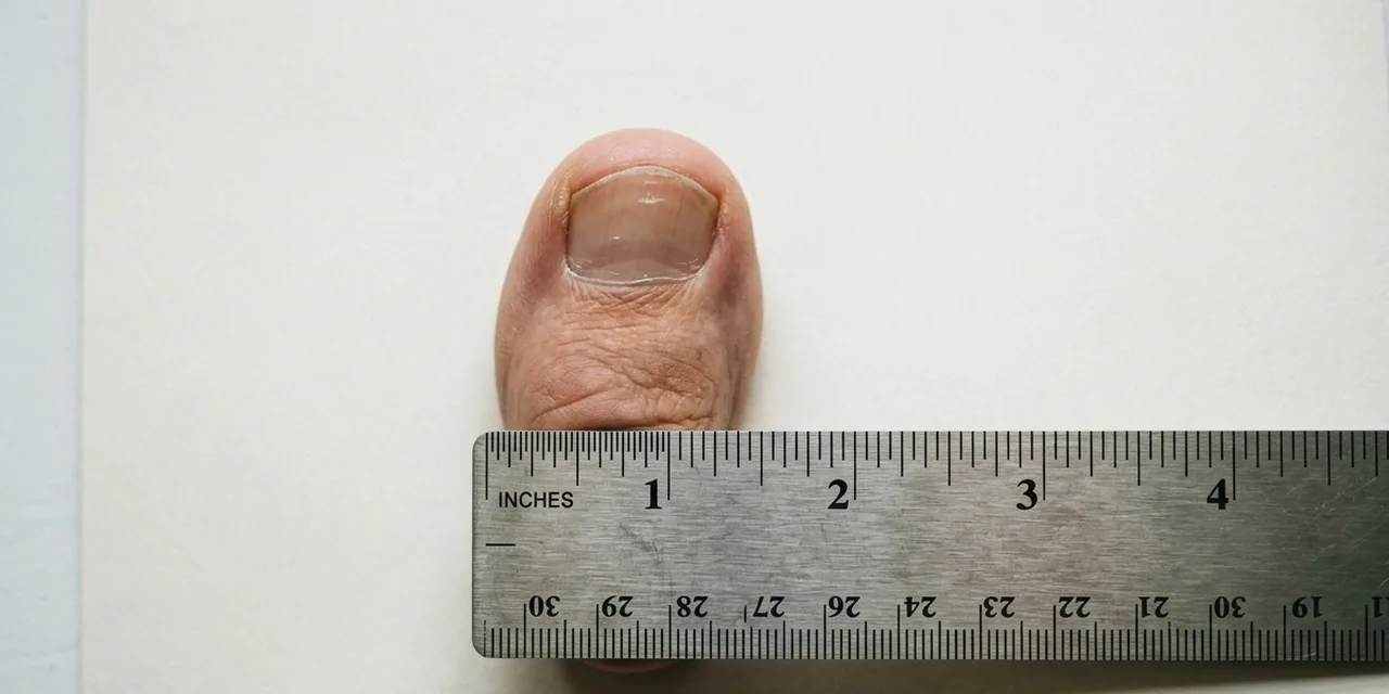 Adult big toe next to a steel ruler, measuring ~1 in (25 mm)