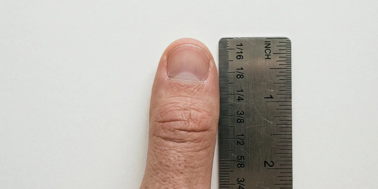 Adult thumb next to a steel ruler, measuring ~1 in (25 mm)