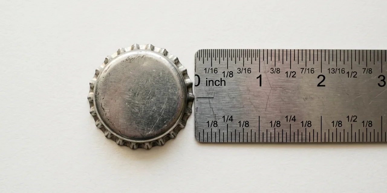 Bottle cap next to a steel ruler, measuring ~1.17 in (29.6 mm)