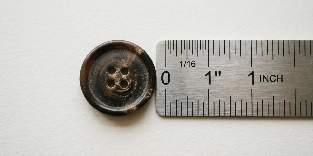 Coat button next to a steel ruler, measuring ~1 in (25 mm)