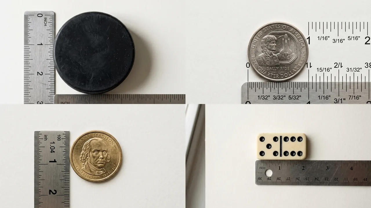 A hockey puck on its side, a US quarter and a domino on a steel ruler at the one inch mark
