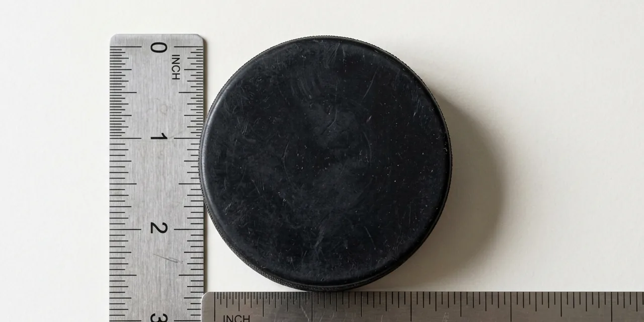 Hockey puck next to a steel ruler, measuring 1 in (25.4 mm)