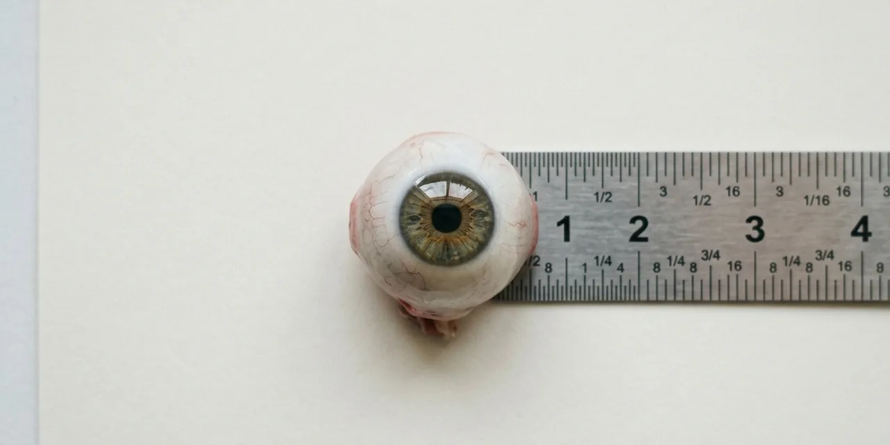 Human eyeball next to a steel ruler, measuring ~0.94 in (24 mm)