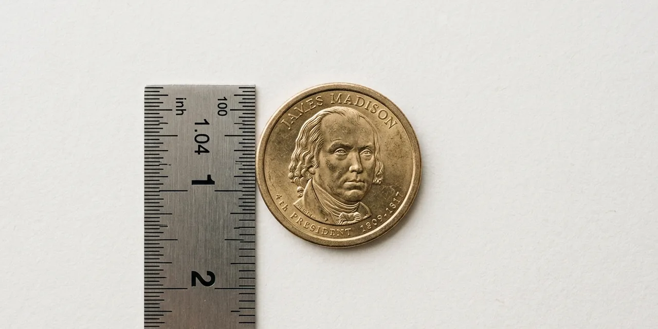 Presidential dollar coin next to a steel ruler, measuring 1.04 in (26.5 mm)