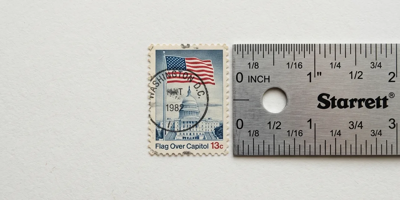 US postage stamp next to a steel ruler, measuring ~0.98 in (25 mm)