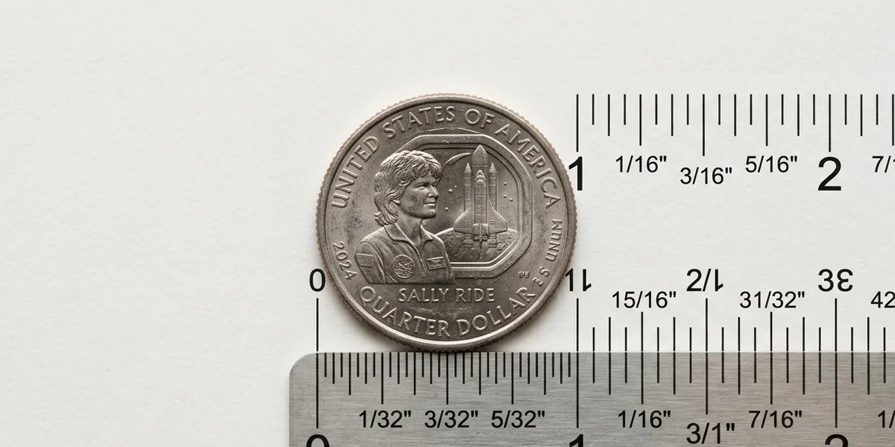 US quarter next to a steel ruler, measuring 0.955 in (24.3 mm)