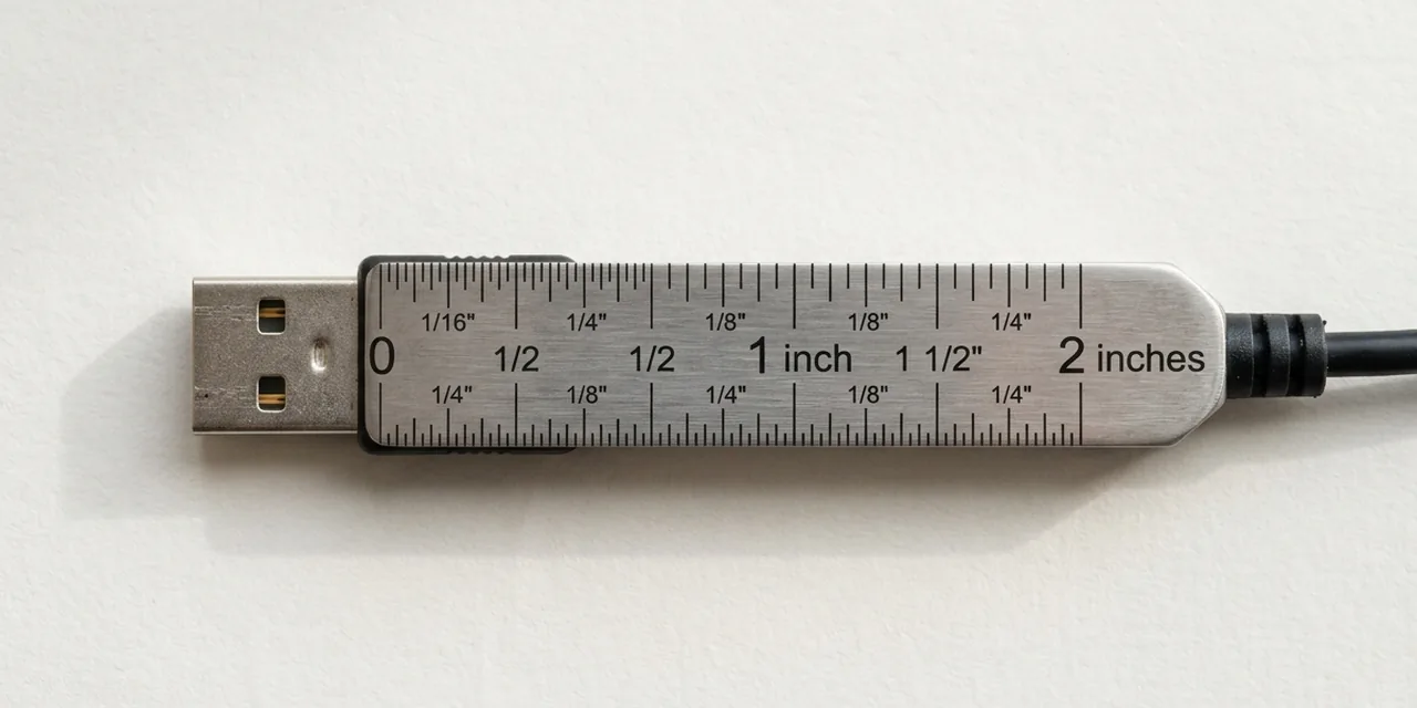 USB-A plug next to a steel ruler, measuring ~1 in (25 mm)