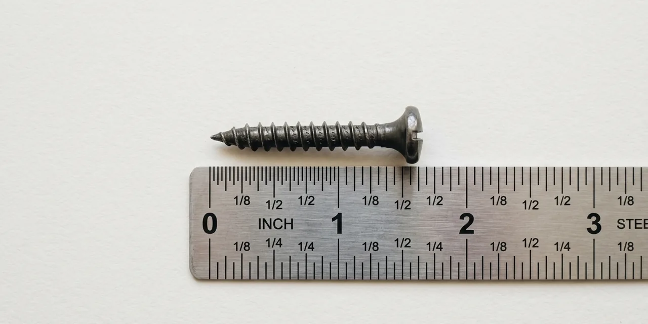 Wood screw next to a steel ruler, measuring 1 in (25.4 mm)