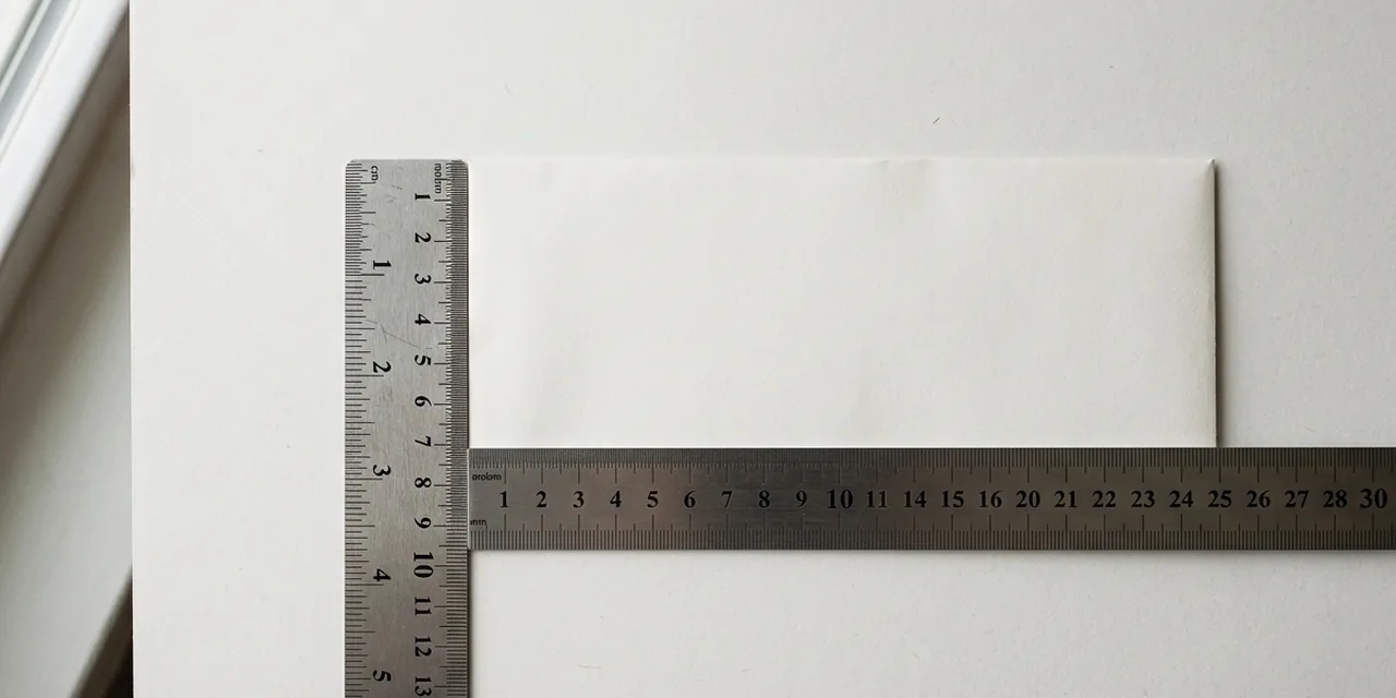 #10 business envelope next to a steel ruler, measuring ~10.5 cm (105 mm)