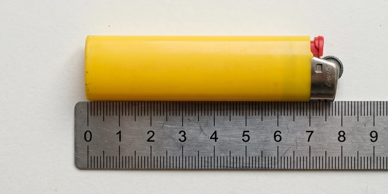 Bic lighter next to a steel ruler, measuring ~8 cm (80 mm)