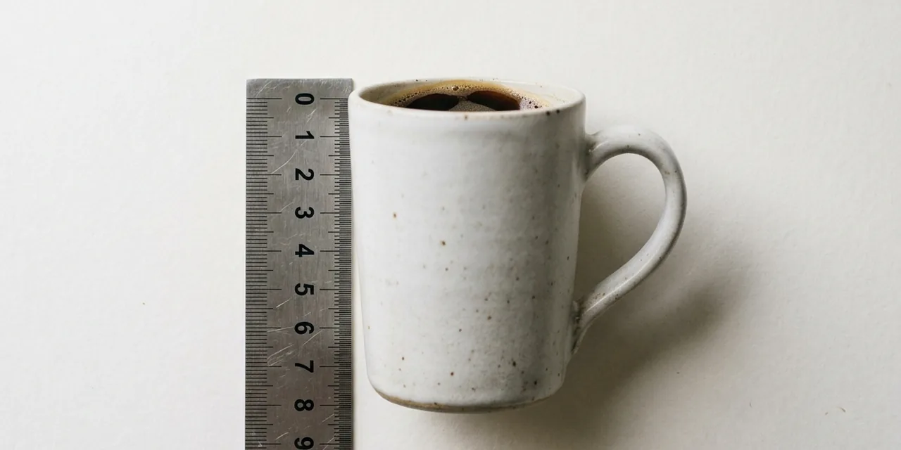 Coffee mug next to a steel ruler, measuring ~9.5 cm (95 mm)