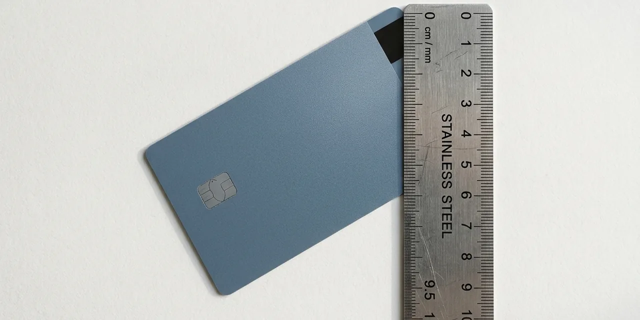 Credit card next to a steel ruler, measuring ~10.1 cm (101 mm)