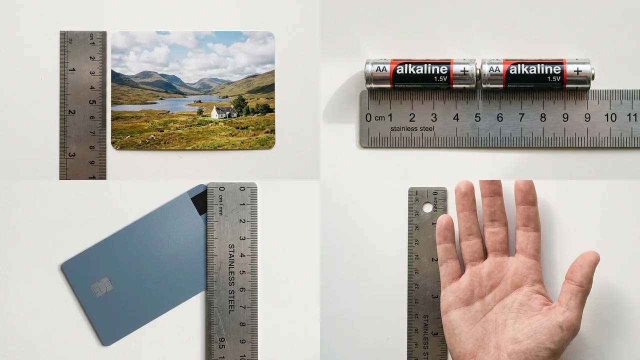 A 4 by 6 photo, two AA batteries end to end and an adult palm on a steel ruler at the ten centimetre mark