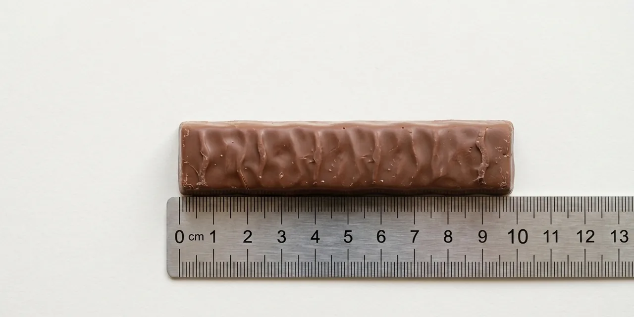 Fun-size chocolate bar next to a steel ruler, measuring ~10 cm (100 mm)
