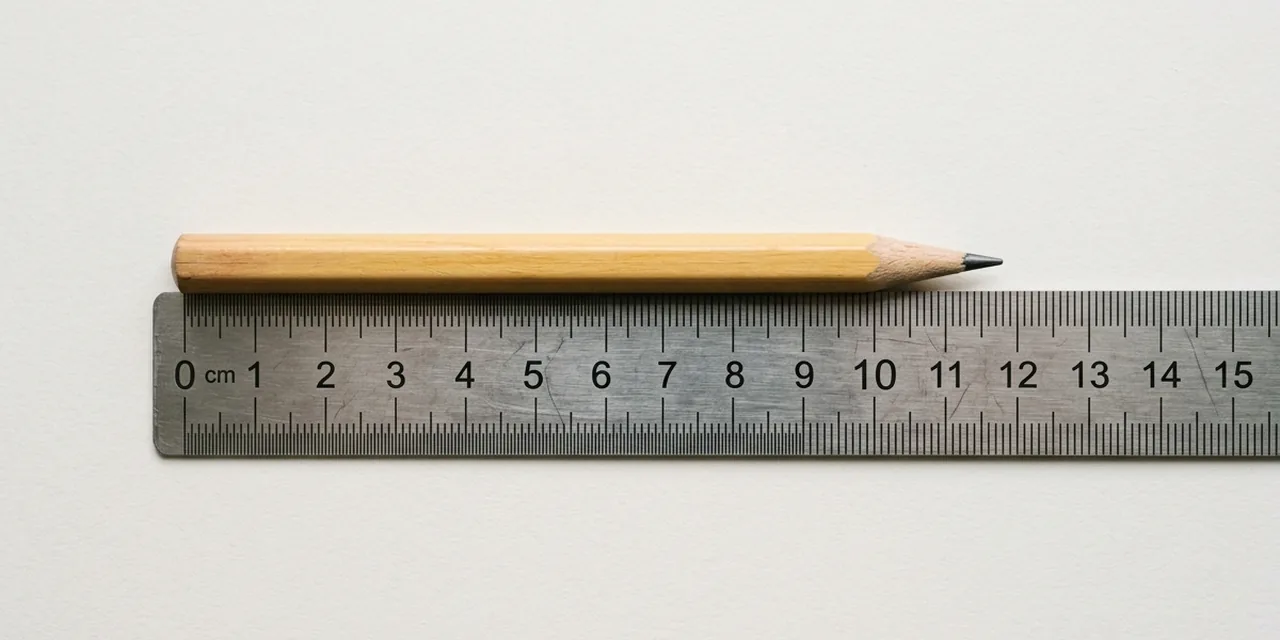 Golf pencil next to a steel ruler, measuring ~9 cm (90 mm)