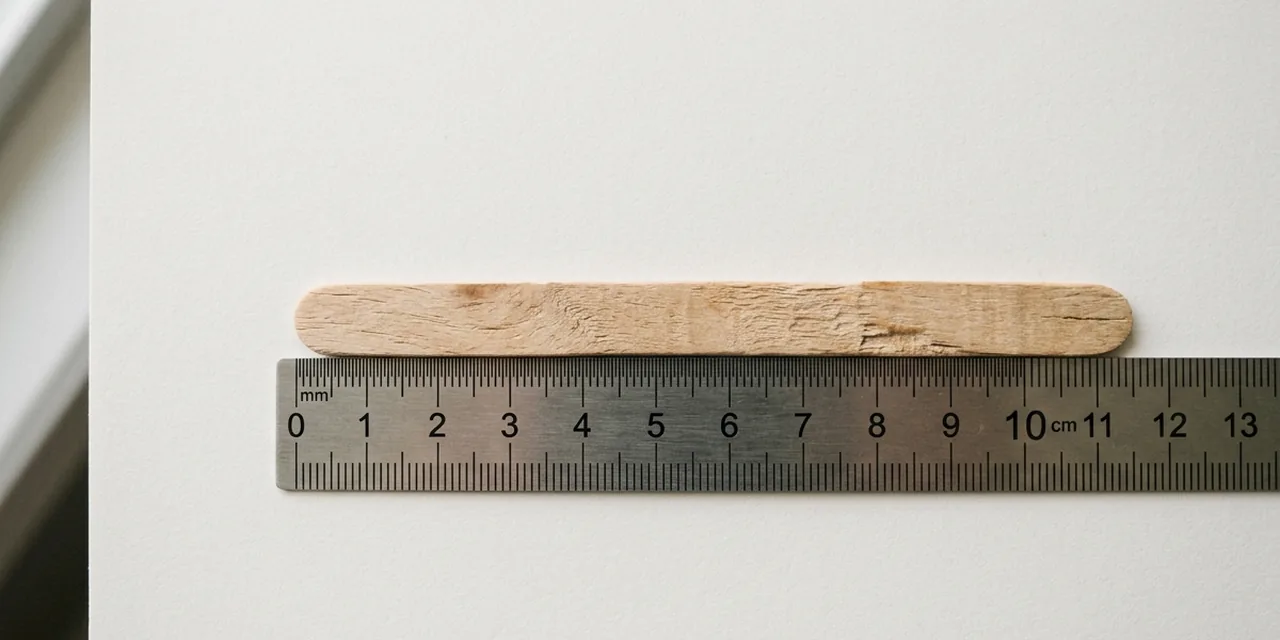 Popsicle stick next to a steel ruler, measuring ~11.4 cm (114 mm)