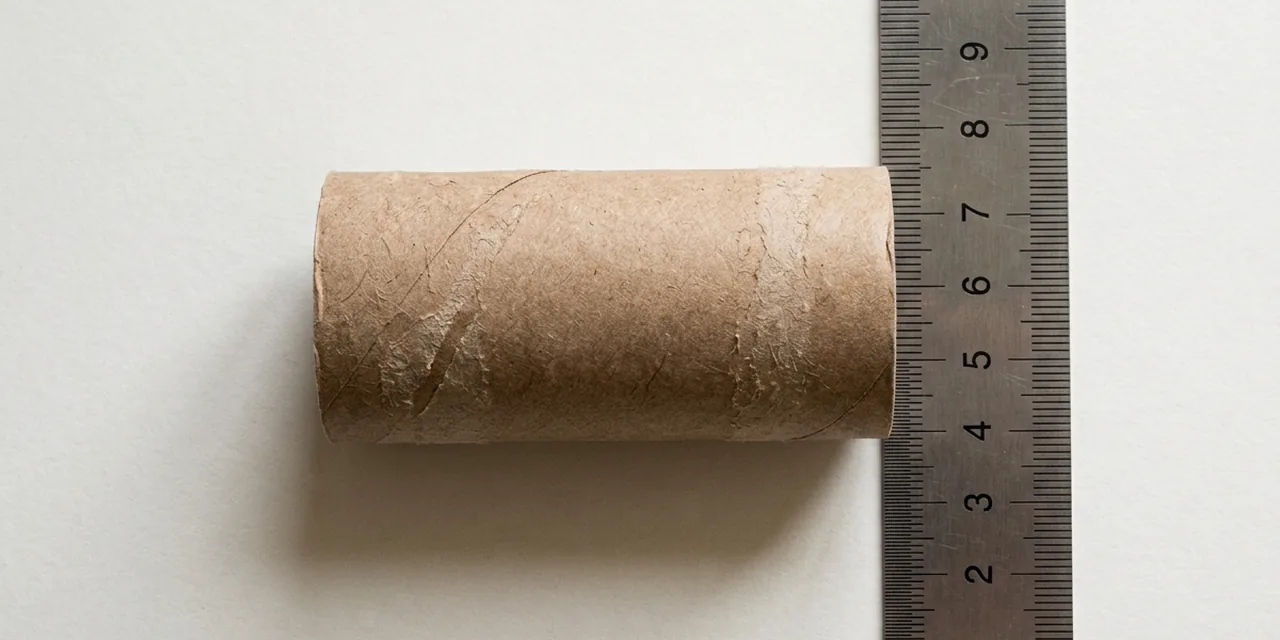 Toilet paper tube next to a steel ruler, measuring ~10 cm (100 mm)
