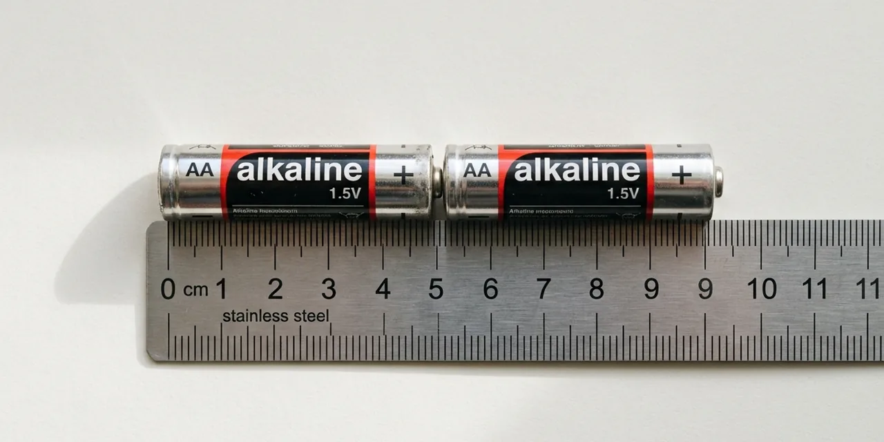 Two AA batteries next to a steel ruler, measuring ~10.1 cm (101 mm)