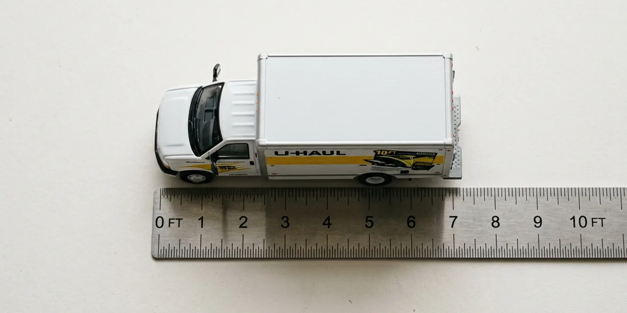10 foot moving truck next to a steel ruler, measuring 10 ft (305 cm)