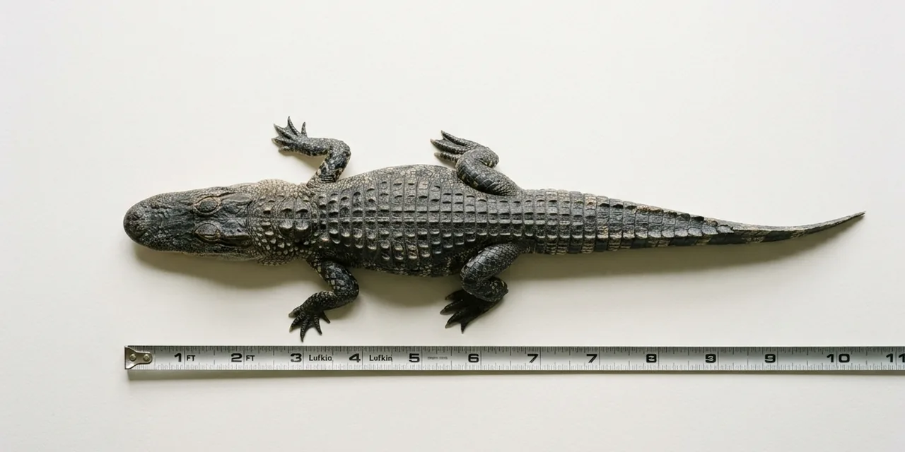 Adult male alligator next to a steel ruler, measuring ~10 ft (305 cm)