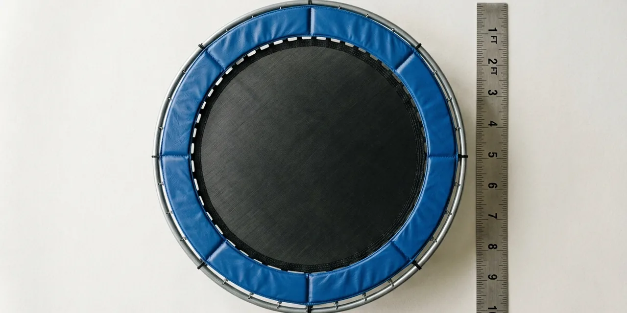 Backyard trampoline next to a steel ruler, measuring 10 ft (305 cm)