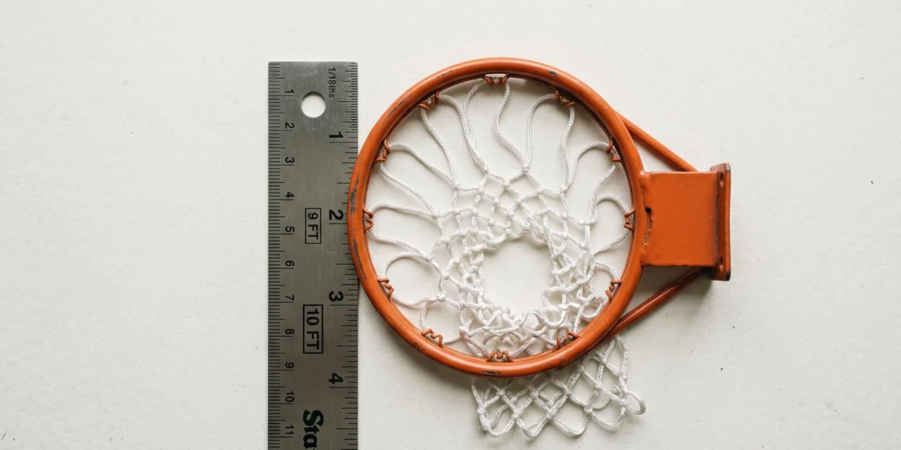 Basketball hoop next to a steel ruler, measuring 10 ft (305 cm)