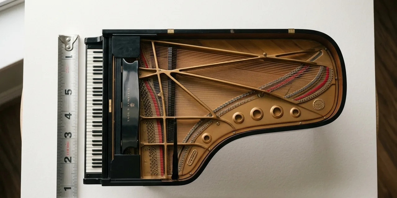 Concert grand piano next to a steel ruler, measuring ~9 ft (274 cm)