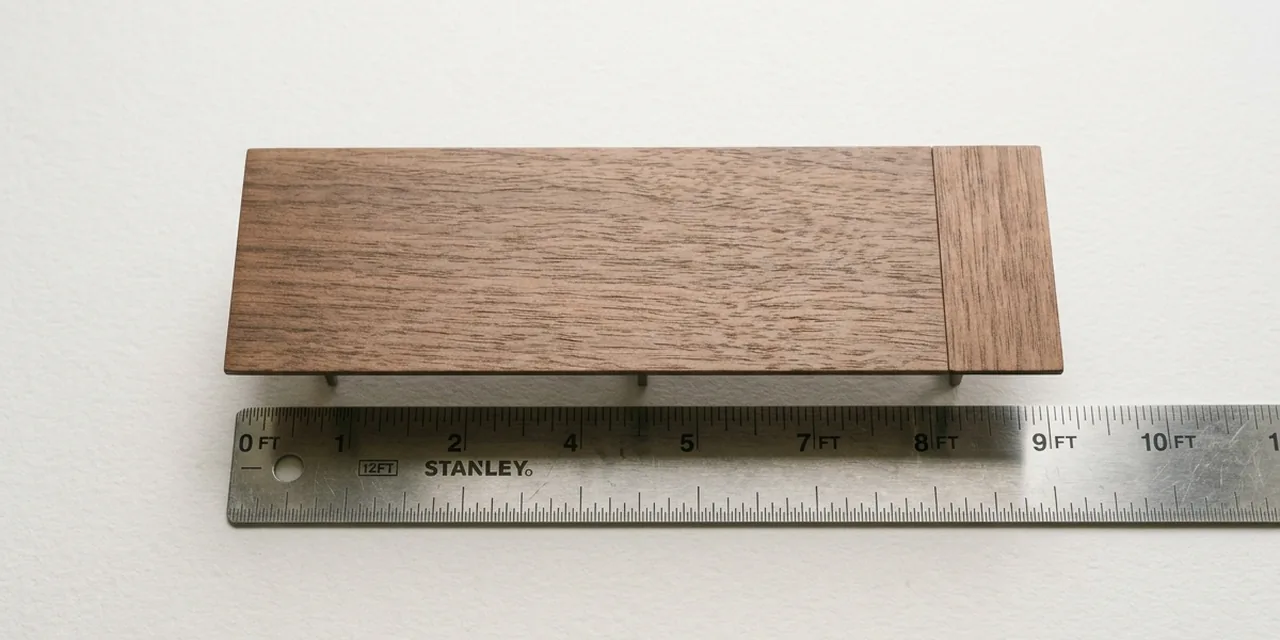 Conference table next to a steel ruler, measuring 10 ft (305 cm)