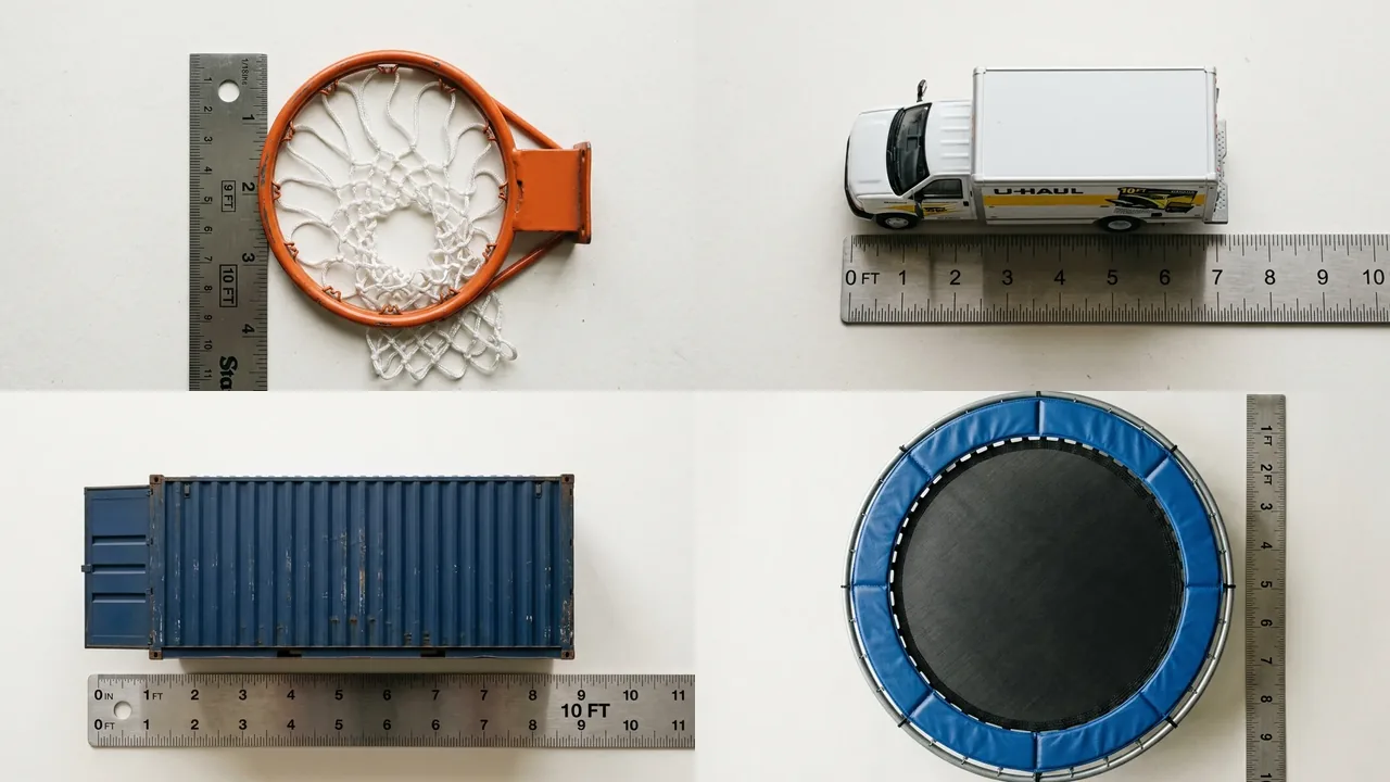 A basketball hoop, a 10 foot moving truck and a 10 foot kayak shown for scale