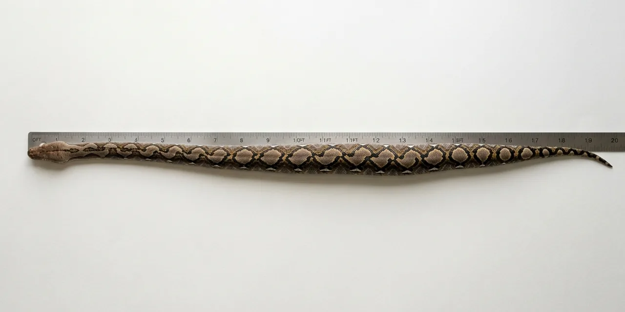 Large python next to a steel ruler, measuring ~10 ft (305 cm)