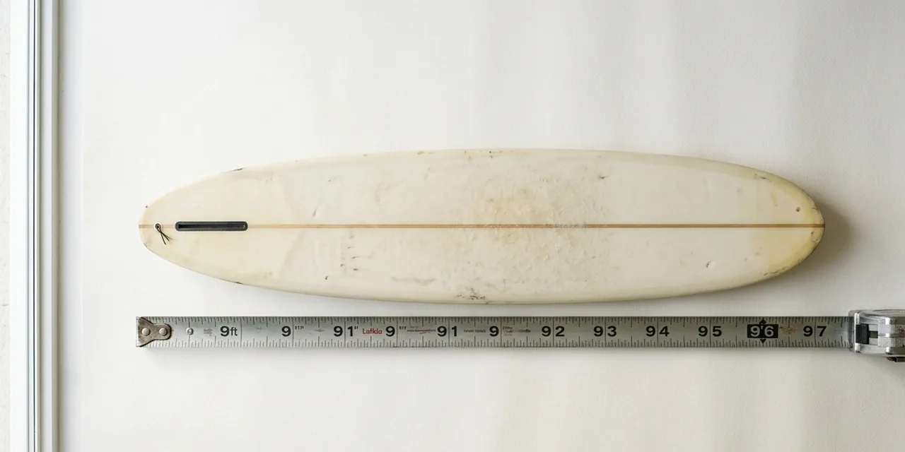 Longboard surfboard next to a steel ruler, measuring ~9.5 ft (290 cm)