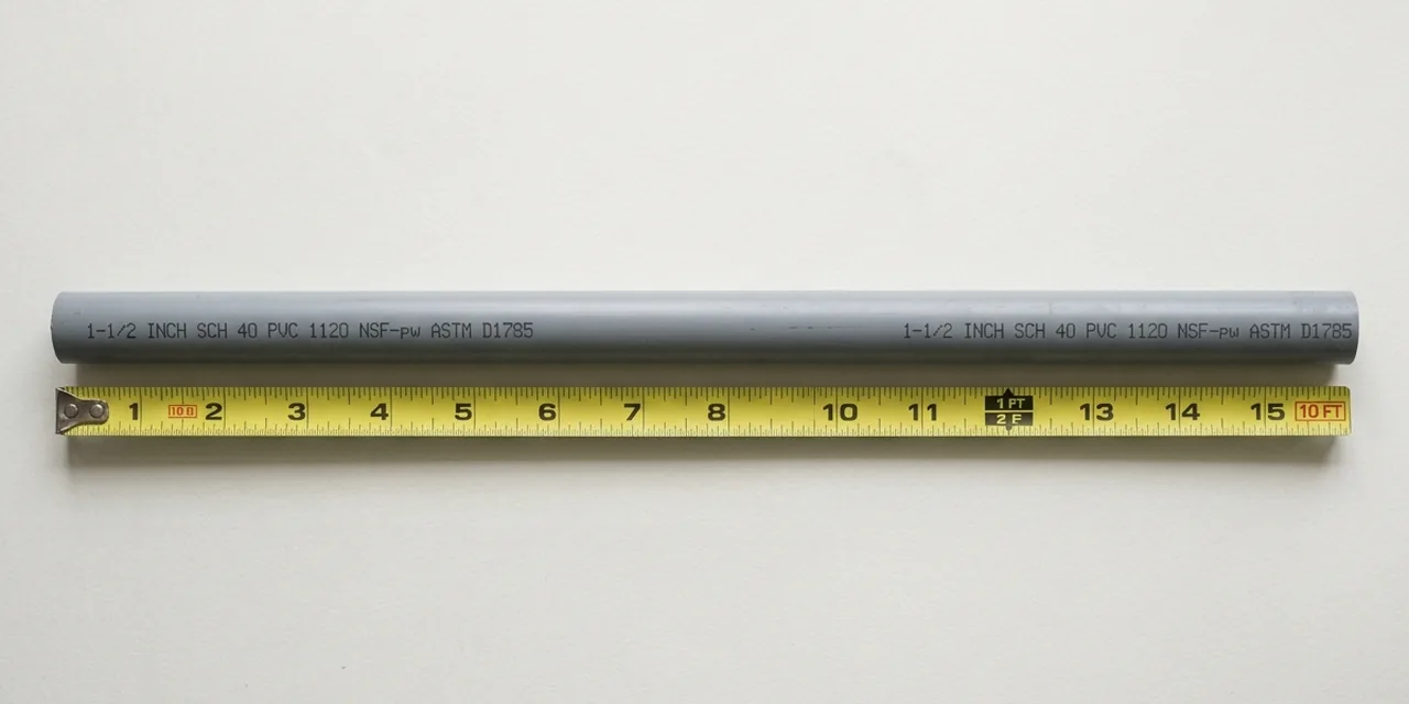 PVC pipe next to a steel ruler, measuring 10 ft (305 cm)
