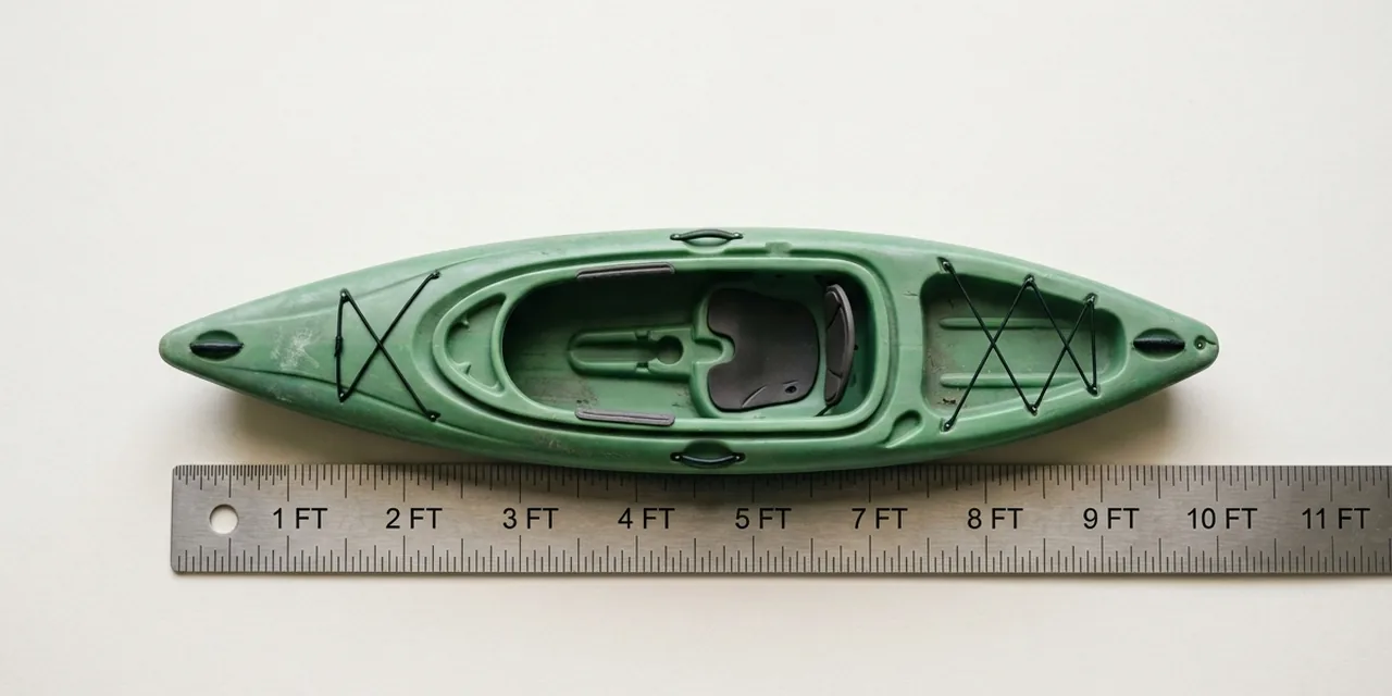 Recreational kayak next to a steel ruler, measuring 10 ft (305 cm)