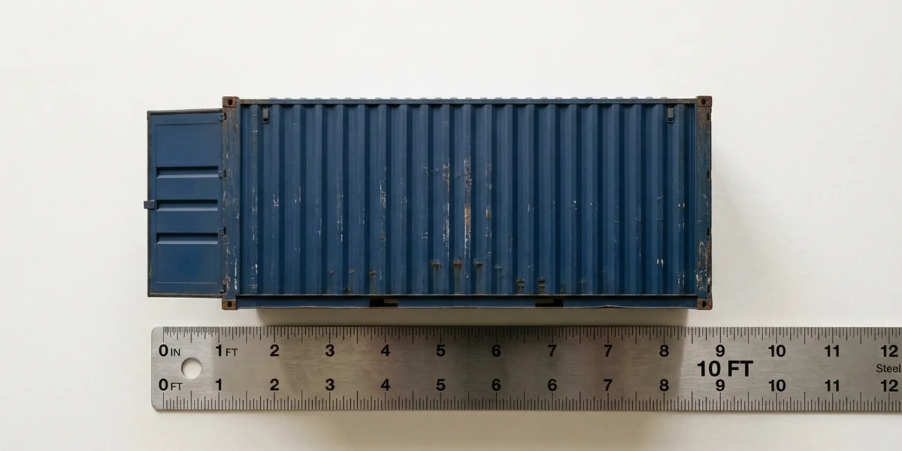 Shipping container next to a steel ruler, measuring 10 ft (305 cm)