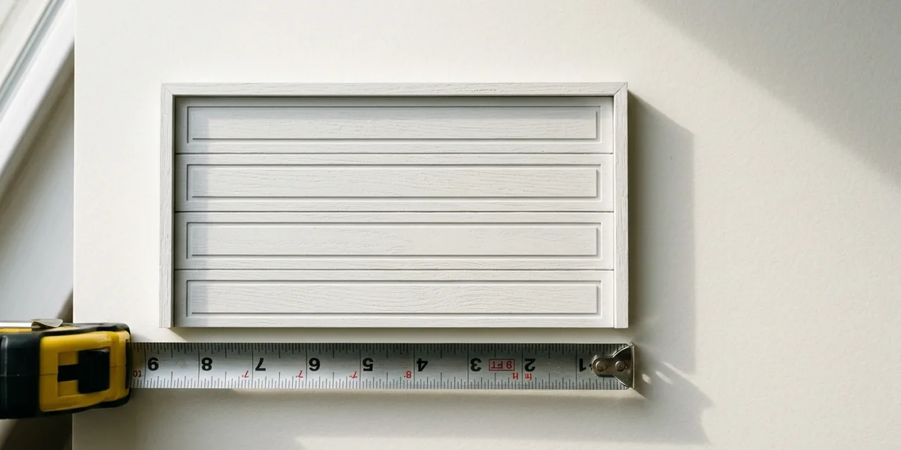 Single-car garage door next to a steel ruler, measuring ~9 ft (274 cm)