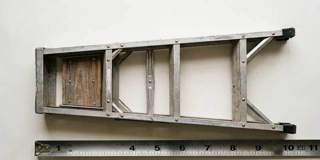 Stepladder next to a steel ruler, measuring 10 ft (305 cm)