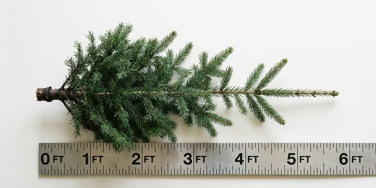 Tall Christmas tree next to a steel ruler, measuring ~10 ft (305 cm)