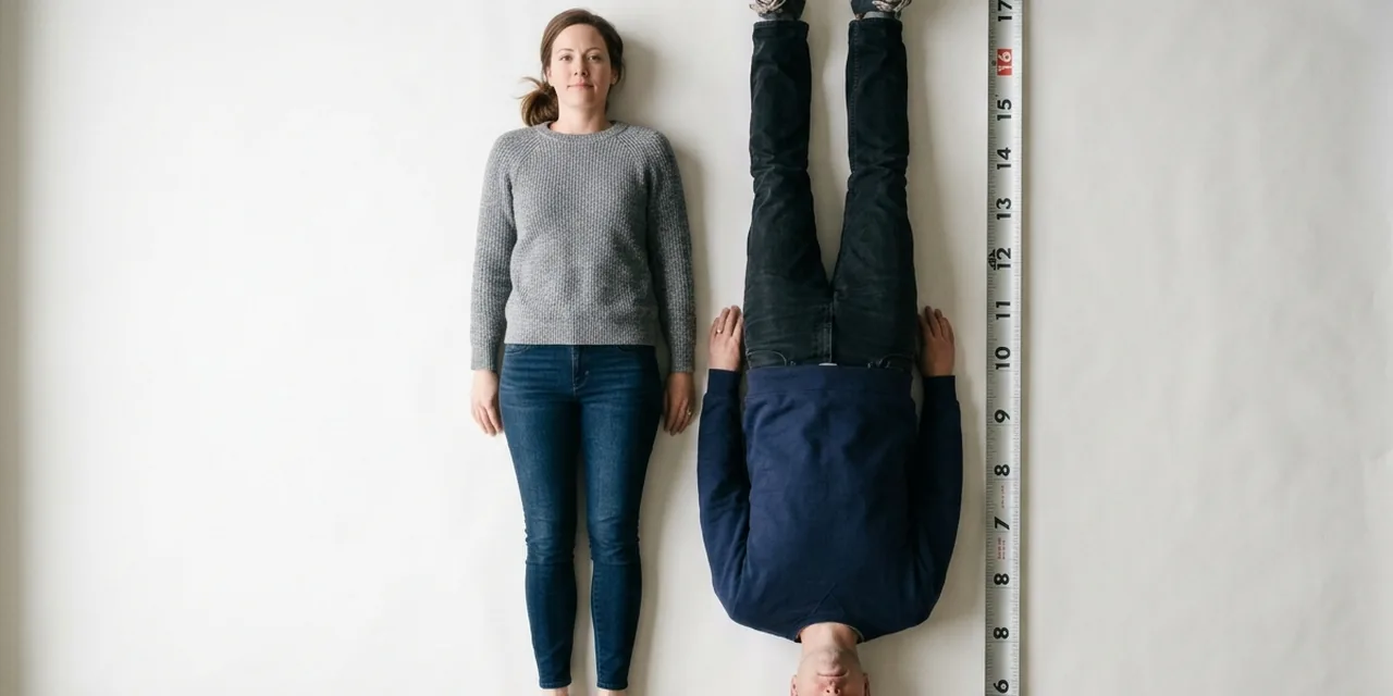 Two average adults head to toe next to a steel ruler, measuring ~10 ft (305 cm)