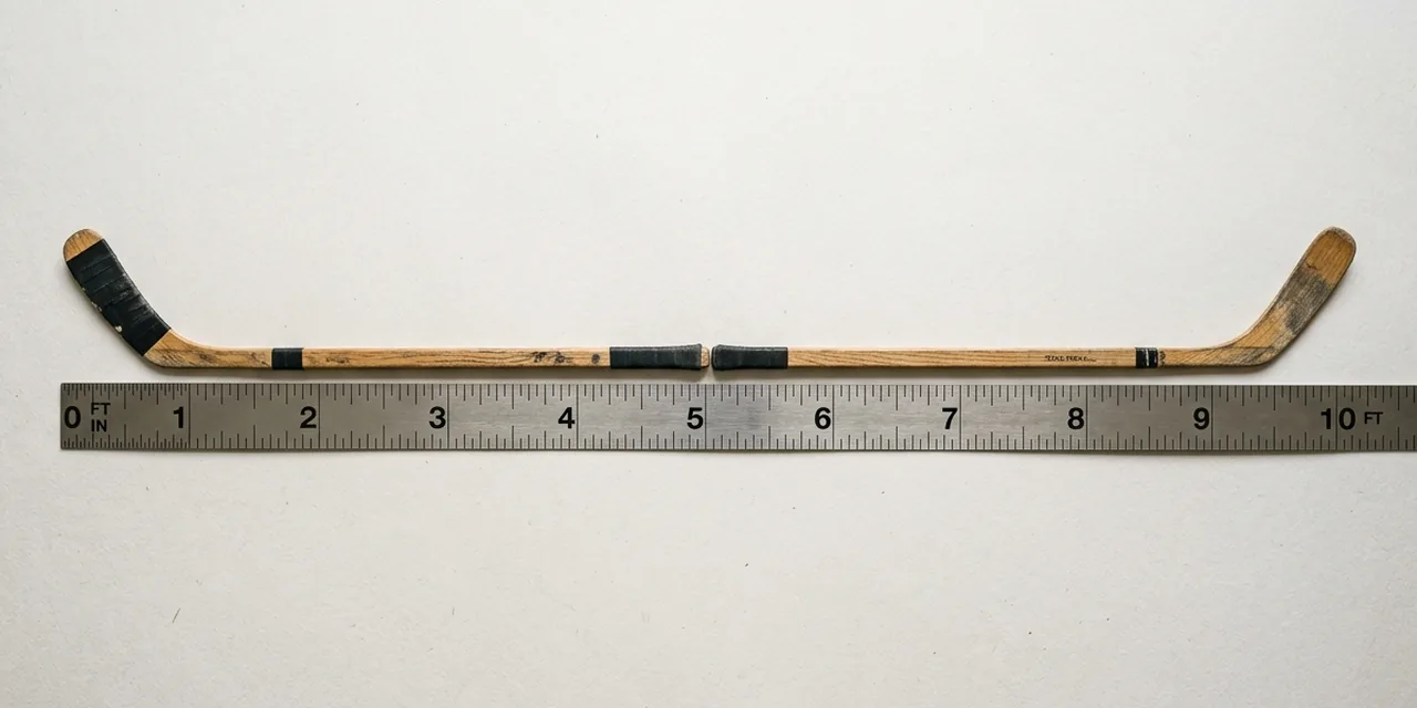 Two hockey sticks end to end next to a steel ruler, measuring 10 ft (305 cm)