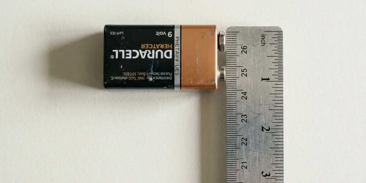 9-volt battery next to a steel ruler, measuring 1.9 in (48.5 mm)