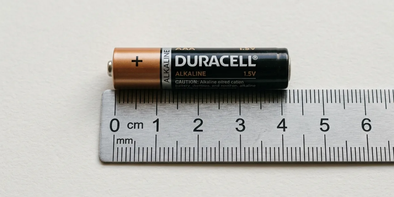 AAA battery next to a steel ruler, measuring 1.75 in (44.5 mm)