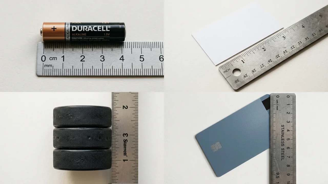 A AA battery, a business card and two stacked hockey pucks on a steel ruler at the two inch mark