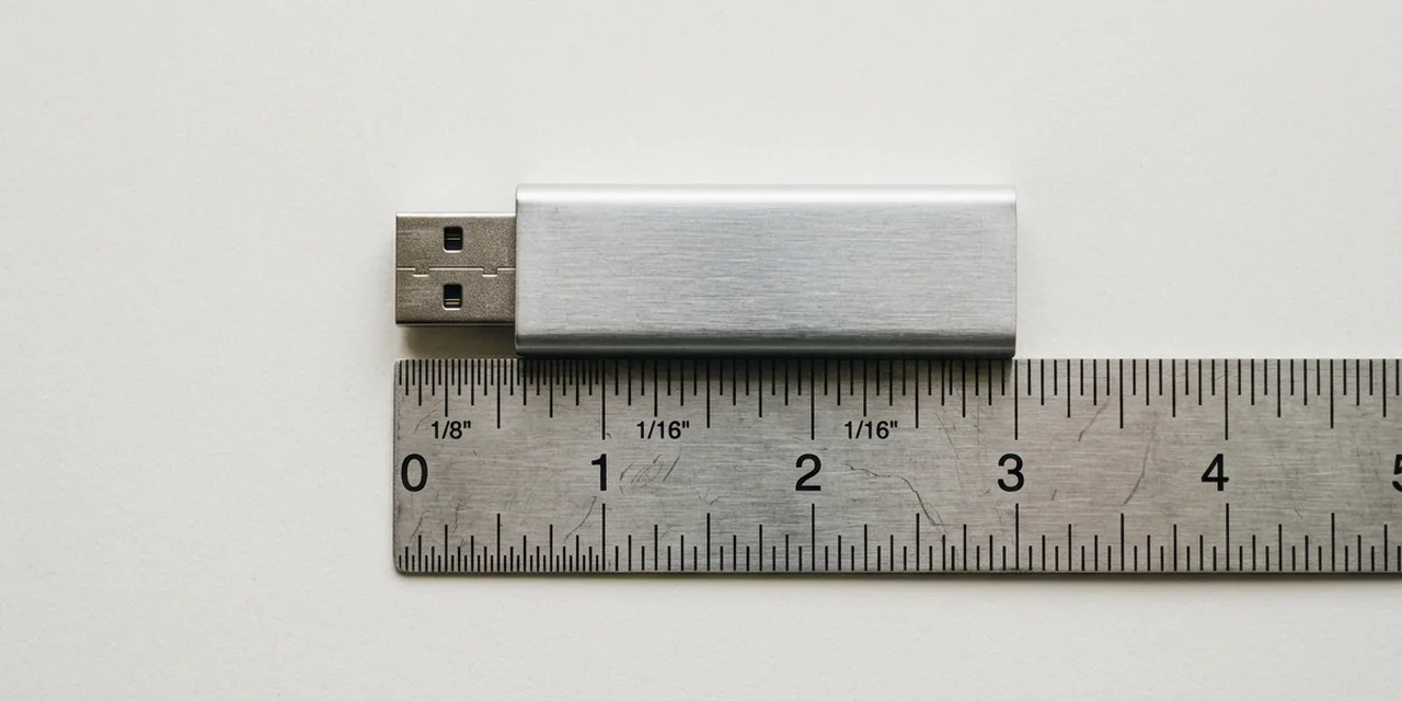 USB flash drive next to a steel ruler, measuring ~2 in (51 mm)