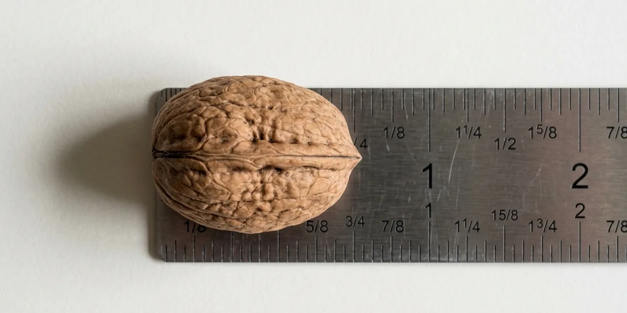 Walnut in shell next to a steel ruler, measuring ~1.8 in (46 mm)