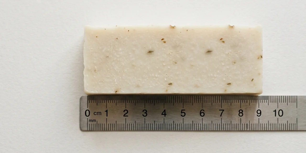 Bar of soap next to a steel ruler, measuring ~3 in (76 mm)