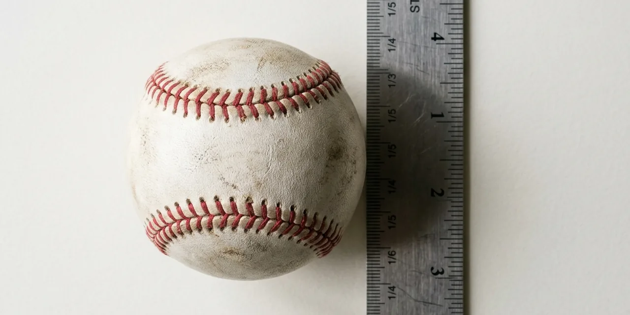 Baseball next to a steel ruler, measuring ~2.9 in (74 mm)