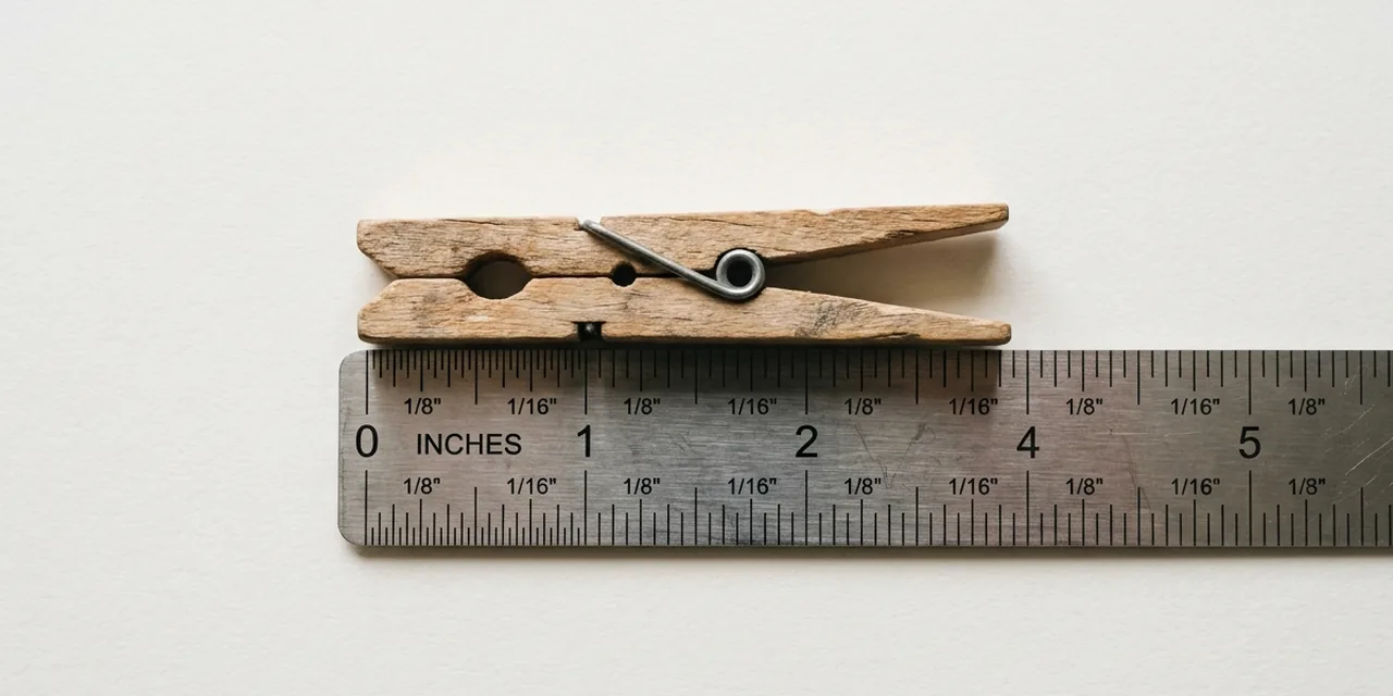 Clothespin next to a steel ruler, measuring ~2.9 in (74 mm)