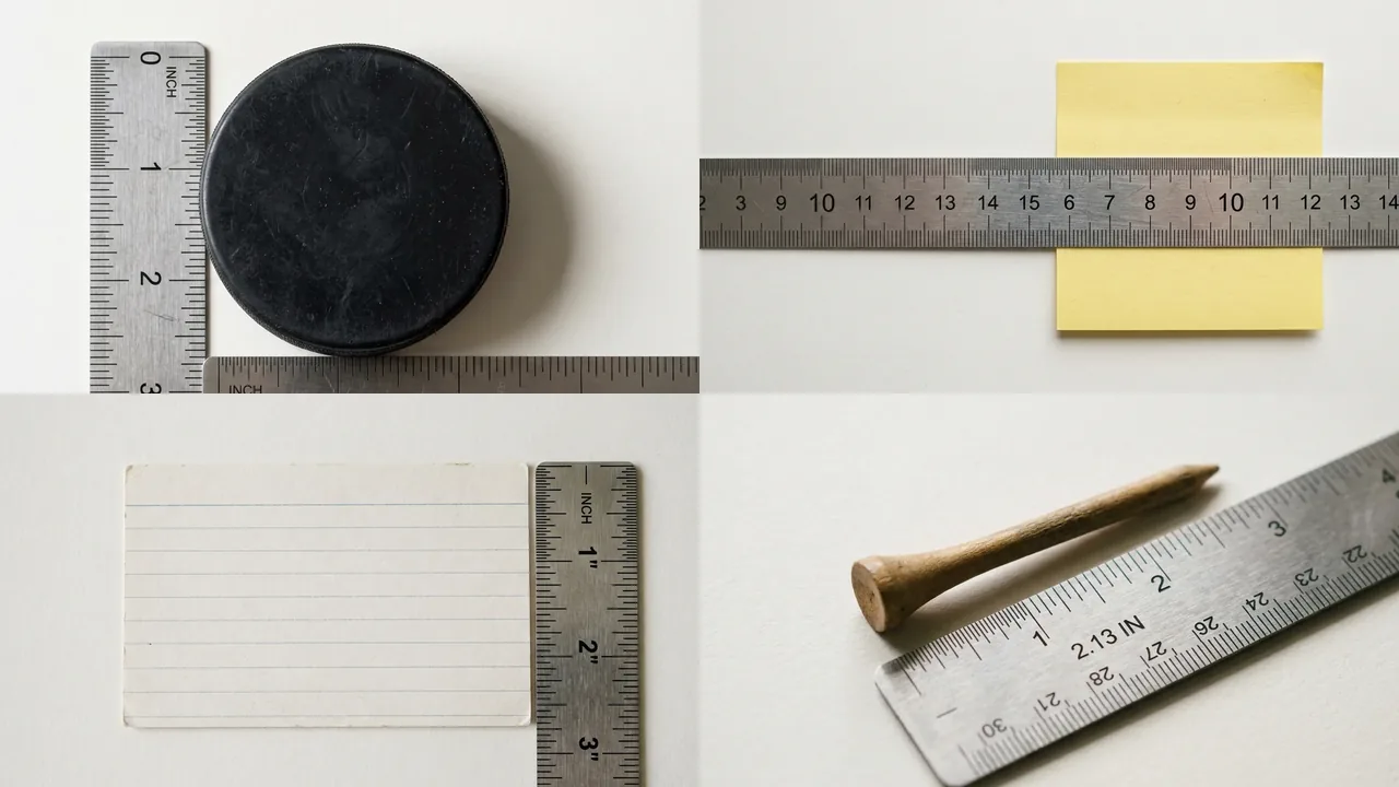 A hockey puck, a sticky note and a baseball on a steel ruler at the three inch mark