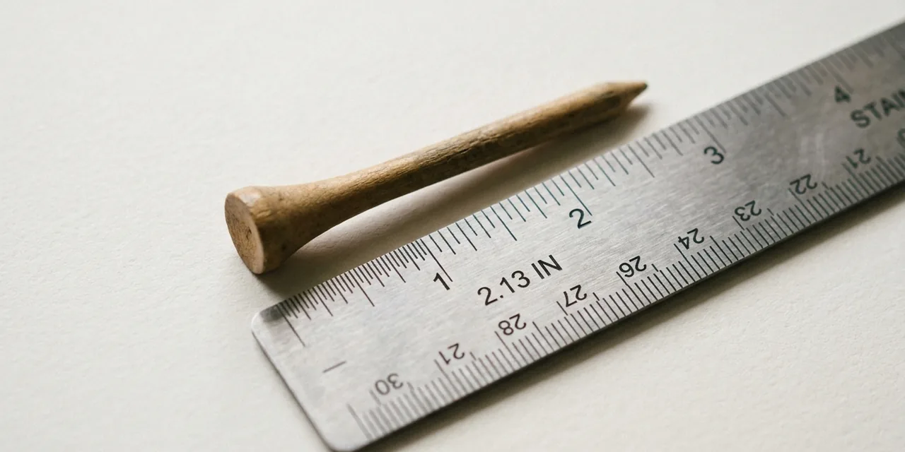 Golf tee next to a steel ruler, measuring 3 in (76 mm)