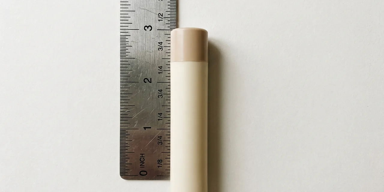 Lip balm tube next to a steel ruler, measuring ~2.75 in (70 mm)